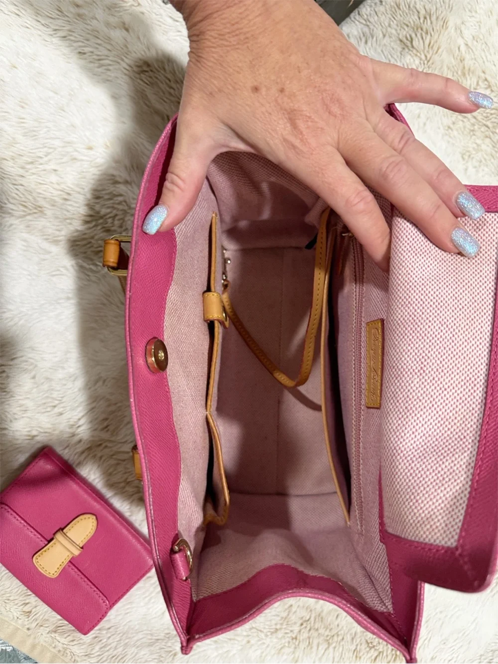 Dooney & Bourke PINK Tote with Tan Leather Handles & matching wallet.
